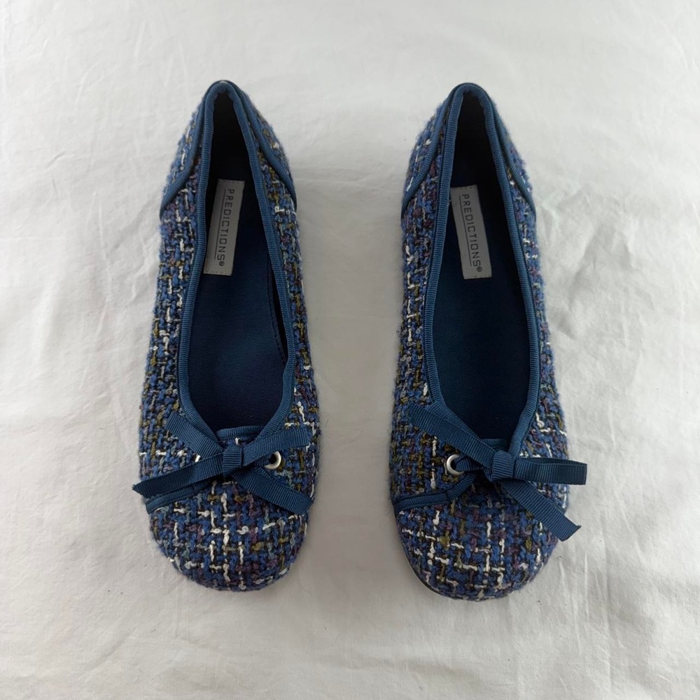 Predictions Blue Tweed Ballet Flats Bows Womens 6.5 Coquette Y2k Grannycore